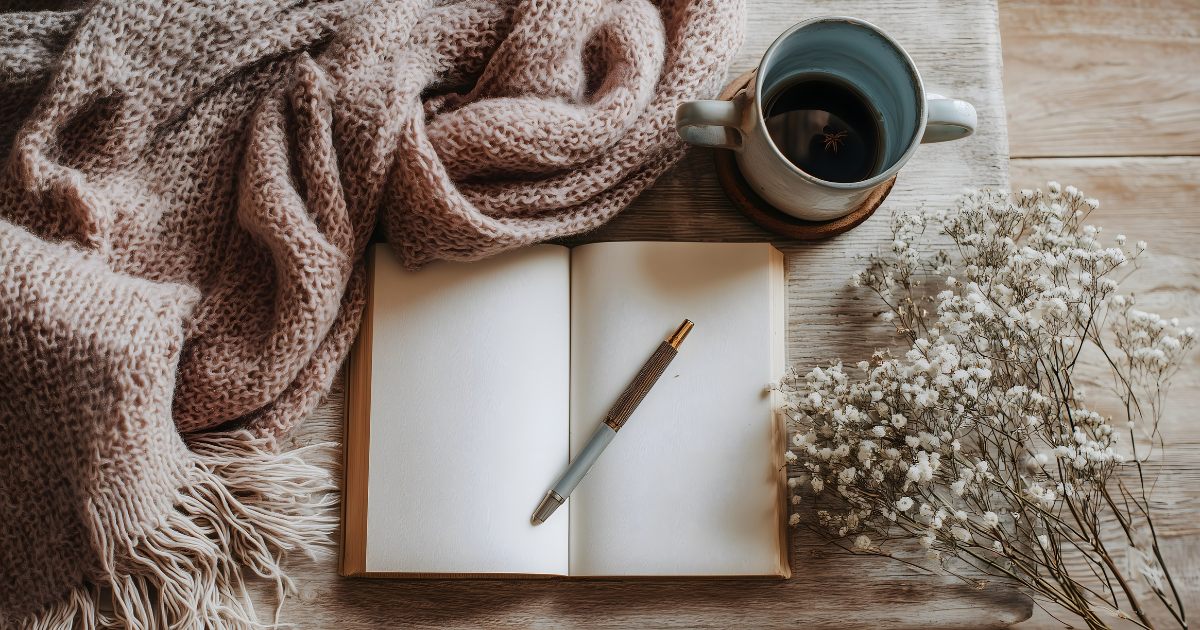 An open notebook and pen beside a cup of tea and a knitted blanket